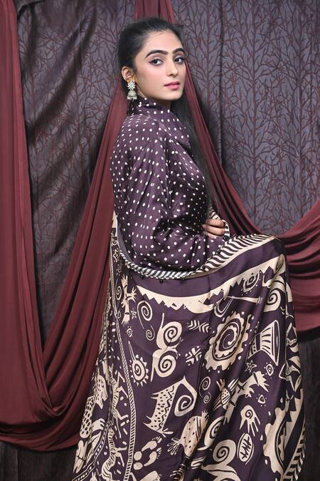 Buy_Mirkashi_Brown Modal, Satin Beads Mandarin Collar Polka Dot Print Pleated Kurta Pant Set_Online_at_Aza_Fashions