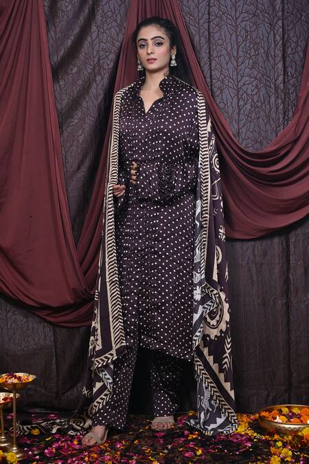 Shop_Mirkashi_Brown Modal, Satin Beads Mandarin Collar Polka Dot Print Pleated Kurta Pant Set_Online_at_Aza_Fashions