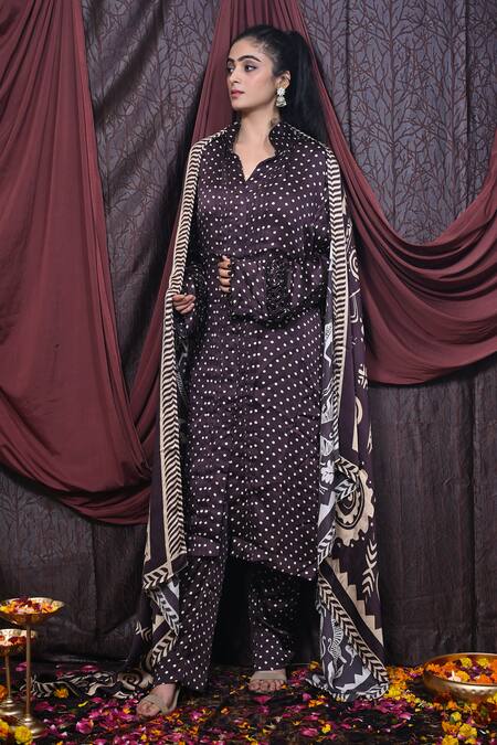Mirkashi_Brown Modal, Satin Beads Mandarin Collar Polka Dot Print Pleated Kurta Pant Set_at_Aza_Fashions