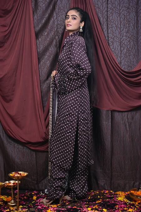 Buy_Mirkashi_Brown Modal, Satin Beads Mandarin Collar Polka Dot Print Pleated Kurta Pant Set