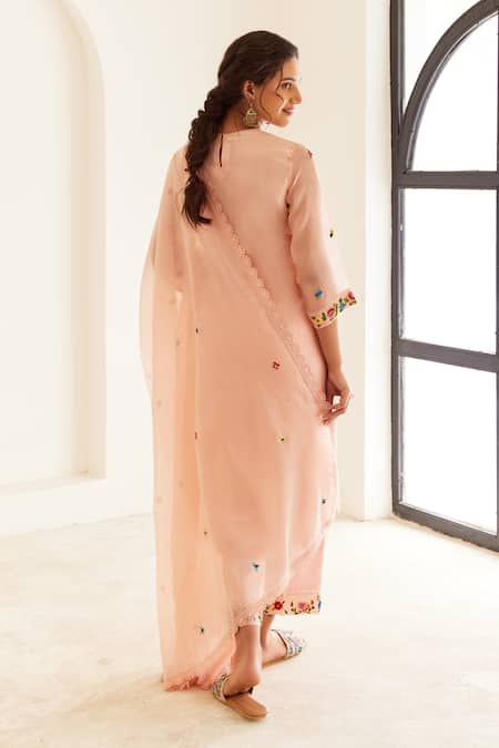 House Of Pink French Knot & Sequin Embroidered Kurta Pant Set 