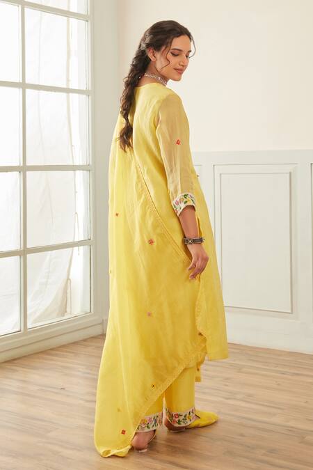 House Of Pink Yellow Organza, Chanderi Embroidery, Sequins French Knot And Work Kurta Pant Set Online at Aza Fashions House Of Pink_Yellow Organza, Chanderi Embroidery, Sequins French Knot And Work Kurta Pant Set _Online_at_Aza_Fashions