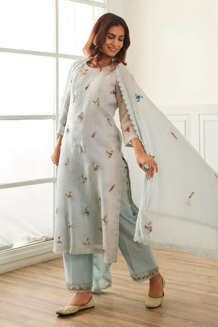 House Of Pink Blue Organza, Chanderi Sequins, Embroidery Round Neck Floral Kurta Pant Set Online at Aza Fashions House Of Pink_Blue Organza, Chanderi Sequins, Embroidery Round Neck Floral Kurta Pant Set _Online_at_Aza_Fashions