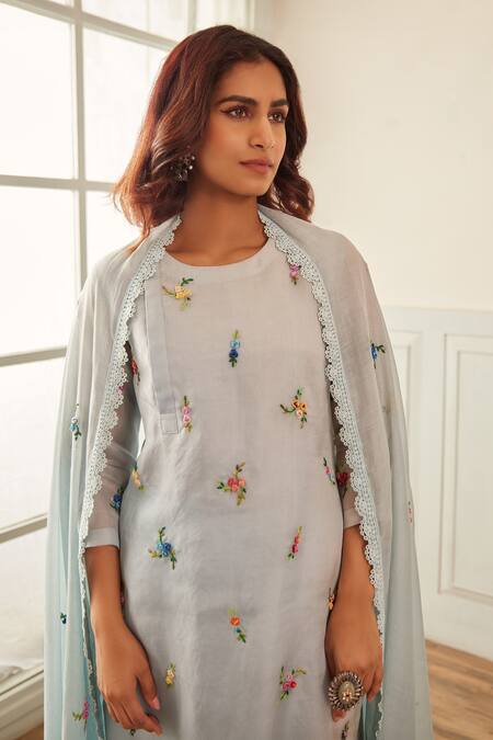 Shop House Of Pink Blue Organza, Chanderi Sequins, Embroidery Round Neck Floral Kurta Pant Set Online at Aza Fashions Shop_House Of Pink_Blue Organza, Chanderi Sequins, Embroidery Round Neck Floral Kurta Pant Set _Online_at_Aza_Fashions