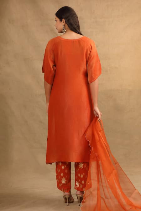 Trendy Tokari_Orange Silk, Georgette, Organza, Jacquard Mirrors, Placement Kurta Set _Online_at_Aza_Fashions