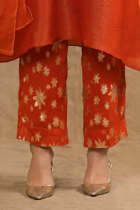 Buy_Trendy Tokari_Orange Silk, Georgette, Organza, Jacquard Mirrors, Placement Kurta Set _Online_at_Aza_Fashions