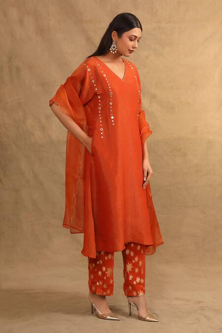 Shop_Trendy Tokari_Orange Silk, Georgette, Organza, Jacquard Mirrors, Placement Kurta Set _Online_at_Aza_Fashions