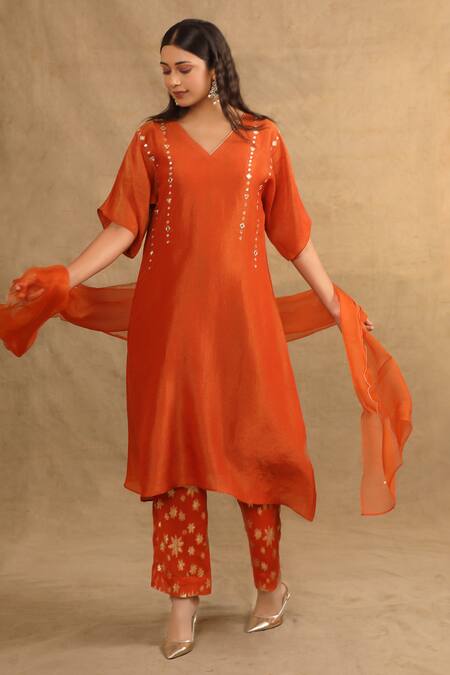 Trendy Tokari_Orange Silk, Georgette, Organza, Jacquard Mirrors, Placement Kurta Set _at_Aza_Fashions
