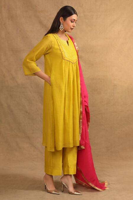 Trendy Tokari Yellow Silk, Tissue, Polyester, Chanderi Embroidery, Beads Resham Work Kurta Set Online at Aza Fashions Trendy Tokari_Yellow Silk, Tissue, Polyester, Chanderi Embroidery, Beads Resham Work Kurta Set _Online_at_Aza_Fashions