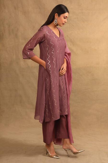 Shop Trendy Tokari Purple Silk, Chanderi, Polyester Embroidery, Sequins Sitara Work Kurta Set Online at Aza Fashions Shop_Trendy Tokari_Purple Silk, Chanderi, Polyester Embroidery, Sequins Sitara Work Kurta Set _Online_at_Aza_Fashions