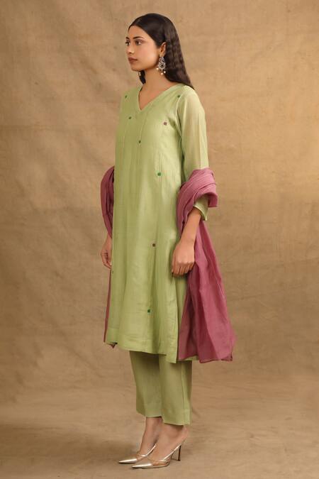 Trendy Tokari_Green Silk, Polyester Embroidery V-neck Zari Work Kurta Set _Online_at_Aza_Fashions