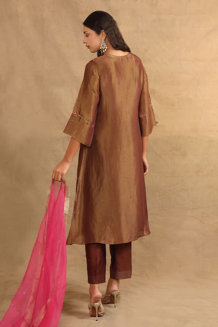 Trendy Tokari Brown Silk, Polyester, Chanderi Embroidery V-neck Placement Kurta Pant Set Online at Aza Fashions Trendy Tokari_Brown Silk, Polyester, Chanderi Embroidery V-neck Placement Kurta Pant Set _Online_at_Aza_Fashions