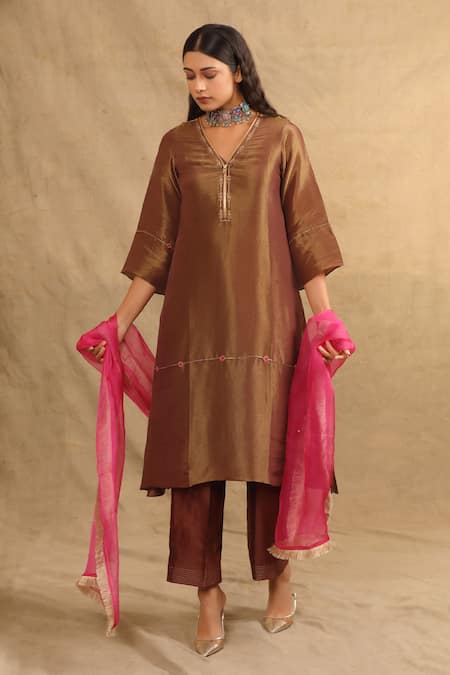 Buy Trendy Tokari Brown Silk, Polyester, Chanderi Embroidery V-neck Placement Kurta Pant Set Online at Aza Fashions Buy_Trendy Tokari_Brown Silk, Polyester, Chanderi Embroidery V-neck Placement Kurta Pant Set _Online_at_Aza_Fashions