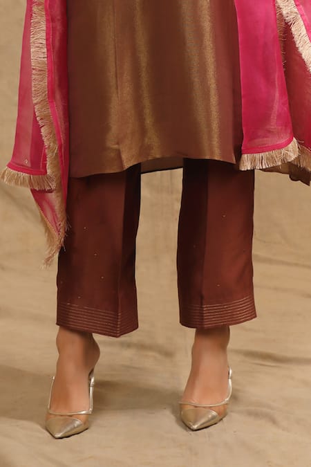 Trendy Tokari Brown Silk, Polyester, Chanderi Embroidery V-neck Placement Kurta Pant Set at Aza Fashions Trendy Tokari_Brown Silk, Polyester, Chanderi Embroidery V-neck Placement Kurta Pant Set _at_Aza_Fashions