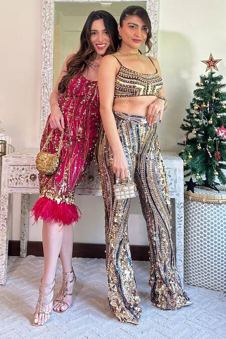 Dilnaz_Brown Net Hand Embroidered Cut Dana Deep Round Sequin And Pearl Bustier Blouse_at_Aza_Fashions