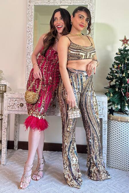 Buy_Dilnaz_Brown Net Hand Embroidered Cut Dana Deep Round Sequin And Pearl Bustier Blouse