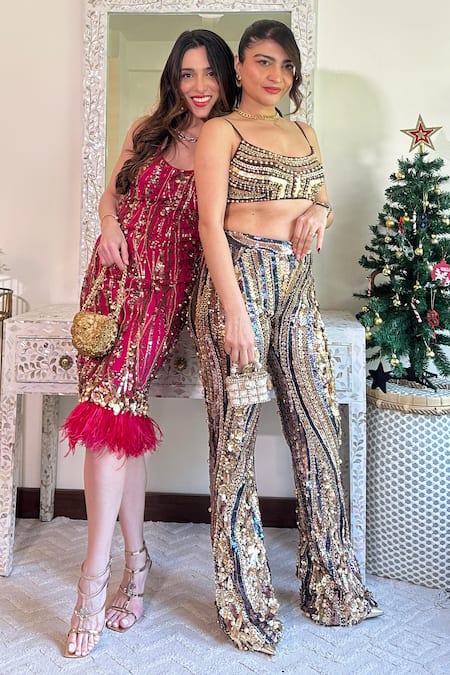 Dilnaz_Blue Stretch Net Hand Embroidered Floral Applique Sequin And Trouser _at_Aza_Fashions