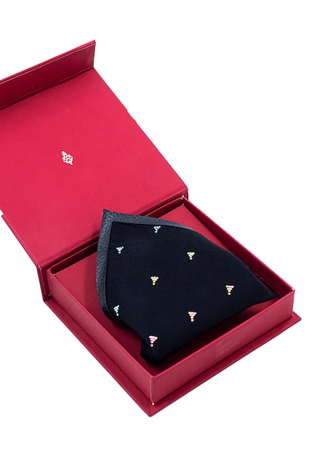 S&N by Shantnu Nikhil Black Embellished Twill Silk Pocket Square 