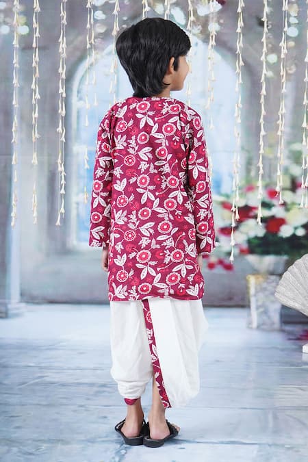 Shop Little Bansi Maroon Cotton Pearls Phool Print Kurta With Dhoti at Aza Fashions Shop_Little Bansi_Maroon Cotton Pearls Phool Print Kurta With Dhoti _at_Aza_Fashions