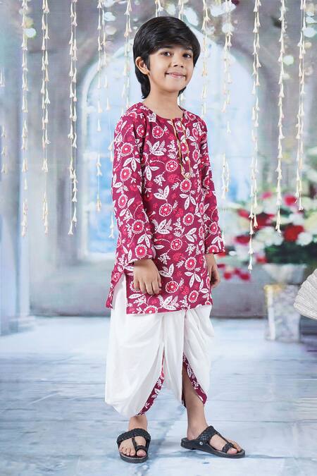 Little Bansi Maroon Cotton Pearls Phool Print Kurta With Dhoti Online at Aza Fashions Little Bansi_Maroon Cotton Pearls Phool Print Kurta With Dhoti _Online_at_Aza_Fashions