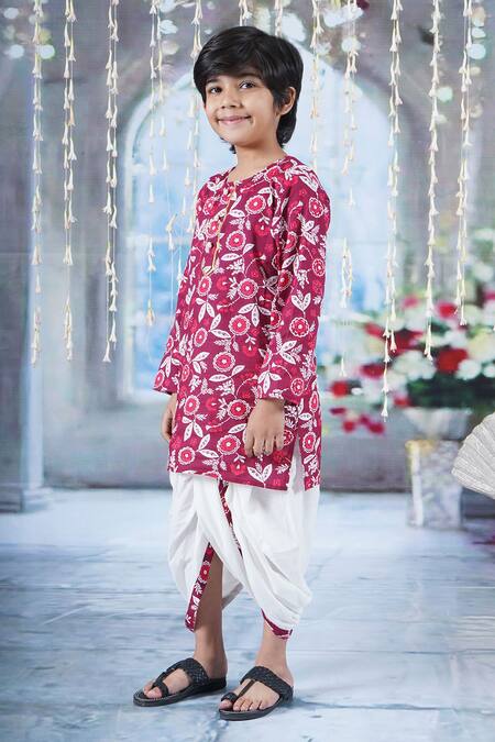 Buy Little Bansi Maroon Cotton Pearls Phool Print Kurta With Dhoti Online at Aza Fashions Buy_Little Bansi_Maroon Cotton Pearls Phool Print Kurta With Dhoti _Online_at_Aza_Fashions