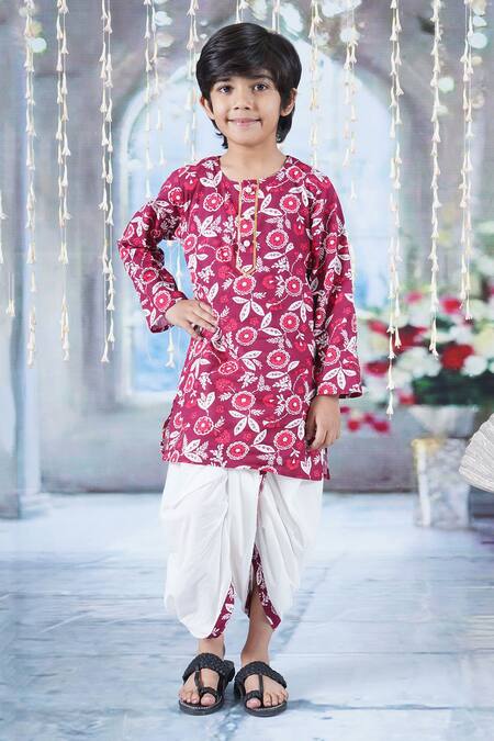Shop Little Bansi Maroon Cotton Pearls Phool Print Kurta With Dhoti Online at Aza Fashions Shop_Little Bansi_Maroon Cotton Pearls Phool Print Kurta With Dhoti _Online_at_Aza_Fashions