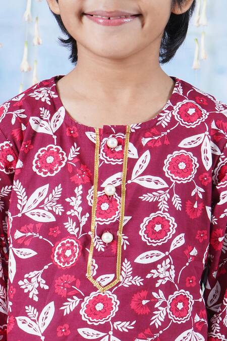 Little Bansi Maroon Cotton Pearls Phool Print Kurta With Dhoti at Aza Fashions Little Bansi_Maroon Cotton Pearls Phool Print Kurta With Dhoti _at_Aza_Fashions