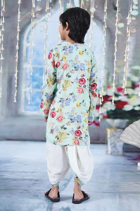 Shop Little Bansi Green Cotton Botanic Bloom Print Kurta With Dhoti at Aza Fashions Shop_Little Bansi_Green Cotton Botanic Bloom Print Kurta With Dhoti _at_Aza_Fashions