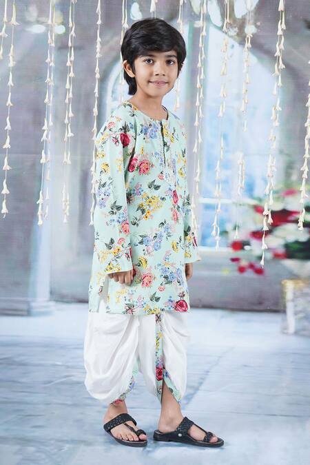 Little Bansi Green Cotton Botanic Bloom Print Kurta With Dhoti Online at Aza Fashions Little Bansi_Green Cotton Botanic Bloom Print Kurta With Dhoti _Online_at_Aza_Fashions