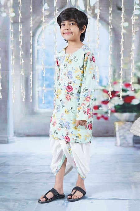 Buy Little Bansi Green Cotton Botanic Bloom Print Kurta With Dhoti Online at Aza Fashions Buy_Little Bansi_Green Cotton Botanic Bloom Print Kurta With Dhoti _Online_at_Aza_Fashions