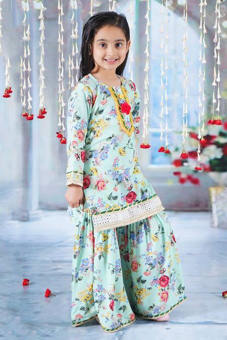 Little Bansi_Green Cotton, Georgette Sequins, Lace Botanic Fleur Print Kurta Sharara Set _Online_at_Aza_Fashions