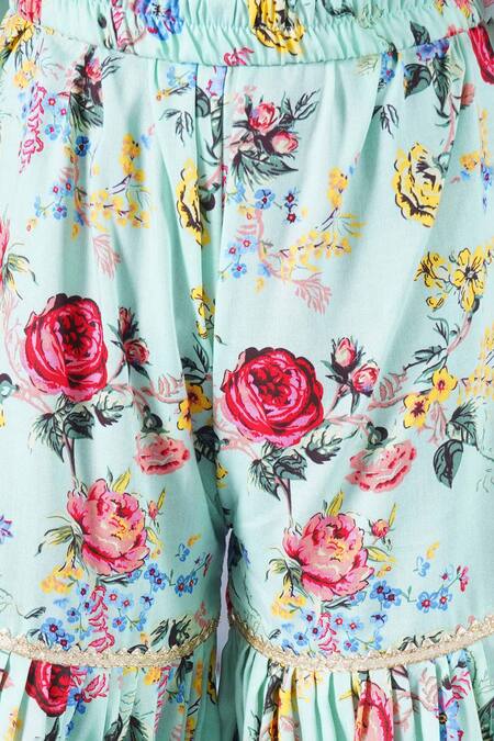 Shop_Little Bansi_Green Cotton, Georgette Sequins, Lace Botanic Fleur Print Kurta Sharara Set _Online_at_Aza_Fashions