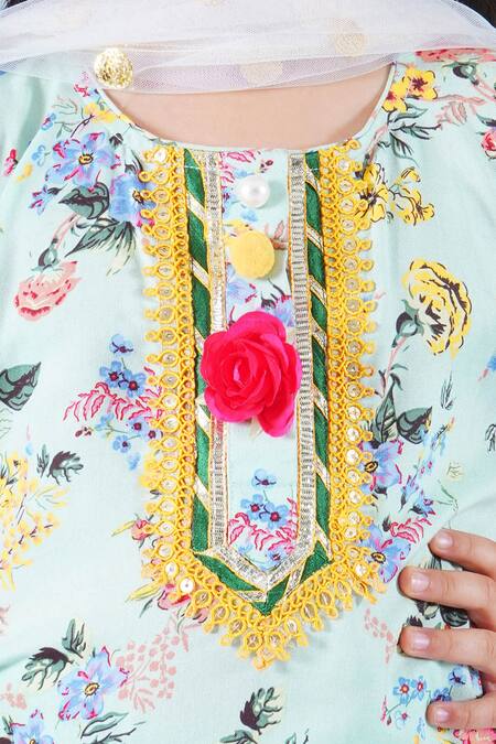 Little Bansi_Green Cotton, Georgette Sequins, Lace Botanic Fleur Print Kurta Sharara Set _at_Aza_Fashions