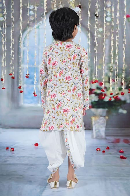 Shop Little Bansi Green Cotton Pearls Gul Print Kurta With Dhoti at Aza Fashions Shop_Little Bansi_Green Cotton Pearls Gul Print Kurta With Dhoti _at_Aza_Fashions