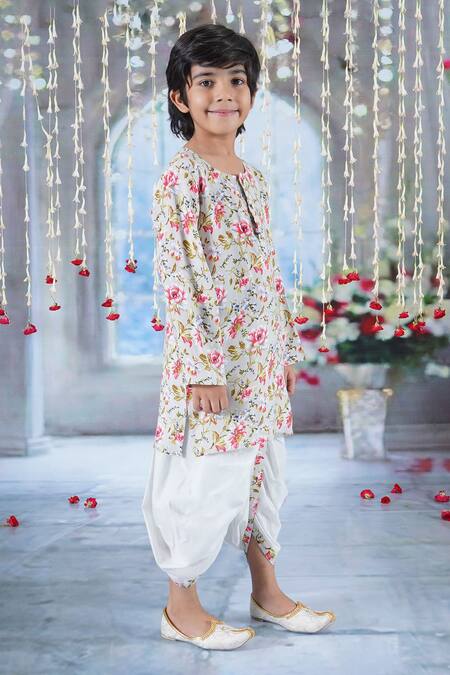 Little Bansi Green Cotton Pearls Gul Print Kurta With Dhoti Online at Aza Fashions Little Bansi_Green Cotton Pearls Gul Print Kurta With Dhoti _Online_at_Aza_Fashions