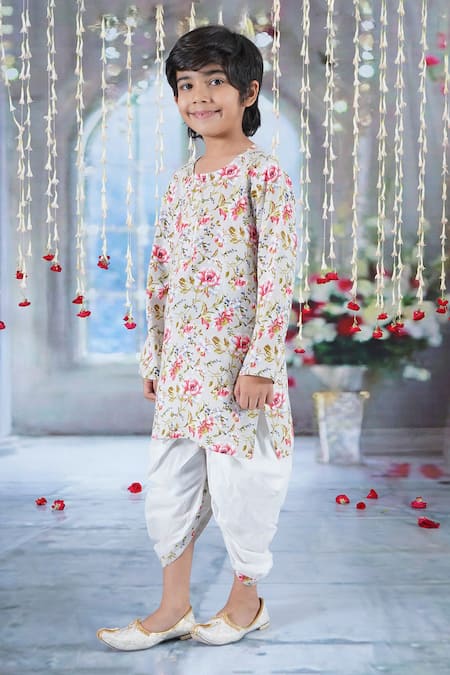 Buy Little Bansi Green Cotton Pearls Gul Print Kurta With Dhoti Online at Aza Fashions Buy_Little Bansi_Green Cotton Pearls Gul Print Kurta With Dhoti _Online_at_Aza_Fashions