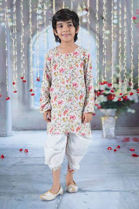 Little Bansi Green Cotton Pearls Gul Print Kurta With Dhoti at Aza Fashions Little Bansi_Green Cotton Pearls Gul Print Kurta With Dhoti _at_Aza_Fashions