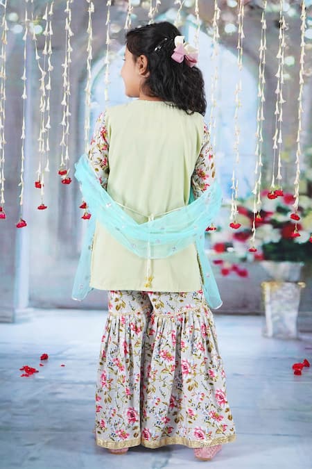 Shop Little Bansi Green Cotton, Georgette Sequins, Embroidery, Gota Patti Gul Kurta Sharara Set at Aza Fashions Shop_Little Bansi_Green Cotton, Georgette Sequins, Embroidery, Gota Patti Gul Kurta Sharara Set _at_Aza_Fashions
