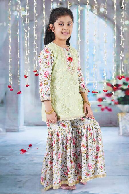 Little Bansi Green Cotton, Georgette Sequins, Embroidery, Gota Patti Gul Kurta Sharara Set Online at Aza Fashions Little Bansi_Green Cotton, Georgette Sequins, Embroidery, Gota Patti Gul Kurta Sharara Set _Online_at_Aza_Fashions