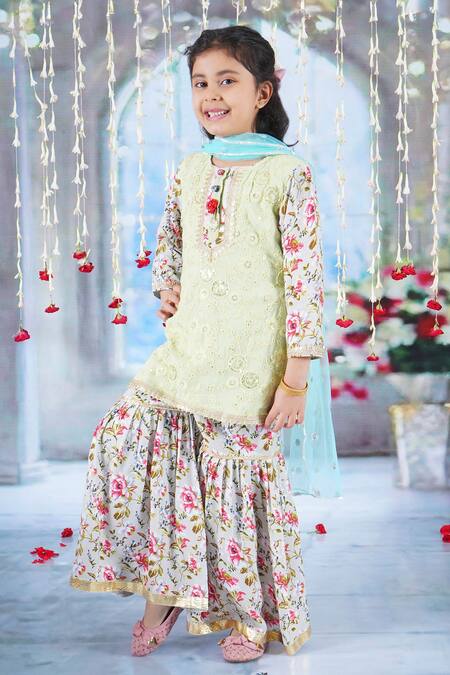 Buy Little Bansi Green Cotton, Georgette Sequins, Embroidery, Gota Patti Gul Kurta Sharara Set Online at Aza Fashions Buy_Little Bansi_Green Cotton, Georgette Sequins, Embroidery, Gota Patti Gul Kurta Sharara Set _Online_at_Aza_Fashions