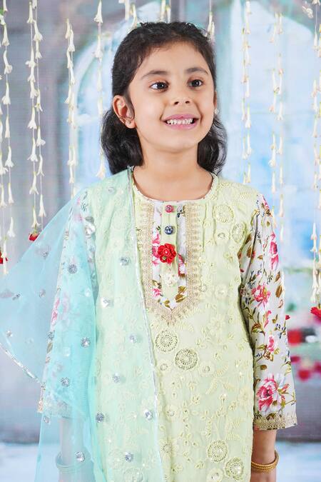 Little Bansi Green Cotton, Georgette Sequins, Embroidery, Gota Patti Gul Kurta Sharara Set at Aza Fashions Little Bansi_Green Cotton, Georgette Sequins, Embroidery, Gota Patti Gul Kurta Sharara Set _at_Aza_Fashions