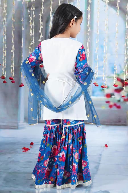 Shop Little Bansi Blue Cotton, Georgette Sequins, Embroidery, Gota Bloomy Bud Kurta Sharara Set at Aza Fashions Shop_Little Bansi_Blue Cotton, Georgette Sequins, Embroidery, Gota Bloomy Bud Kurta Sharara Set _at_Aza_Fashions