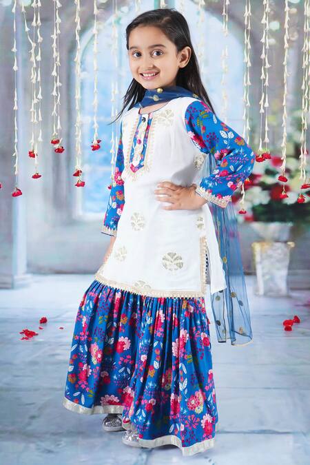 Little Bansi Blue Cotton, Georgette Sequins, Embroidery, Gota Bloomy Bud Kurta Sharara Set Online at Aza Fashions Little Bansi_Blue Cotton, Georgette Sequins, Embroidery, Gota Bloomy Bud Kurta Sharara Set _Online_at_Aza_Fashions