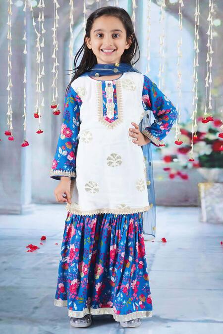 Buy Little Bansi Blue Cotton, Georgette Sequins, Embroidery, Gota Bloomy Bud Kurta Sharara Set Online at Aza Fashions Buy_Little Bansi_Blue Cotton, Georgette Sequins, Embroidery, Gota Bloomy Bud Kurta Sharara Set _Online_at_Aza_Fashions