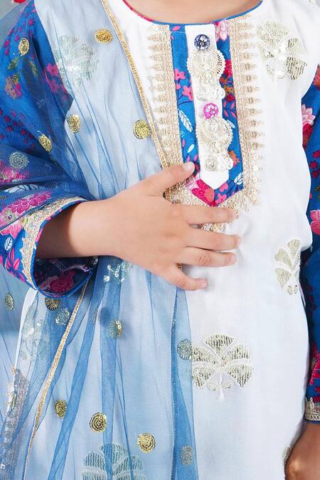 Little Bansi Blue Cotton, Georgette Sequins, Embroidery, Gota Bloomy Bud Kurta Sharara Set at Aza Fashions Little Bansi_Blue Cotton, Georgette Sequins, Embroidery, Gota Bloomy Bud Kurta Sharara Set _at_Aza_Fashions