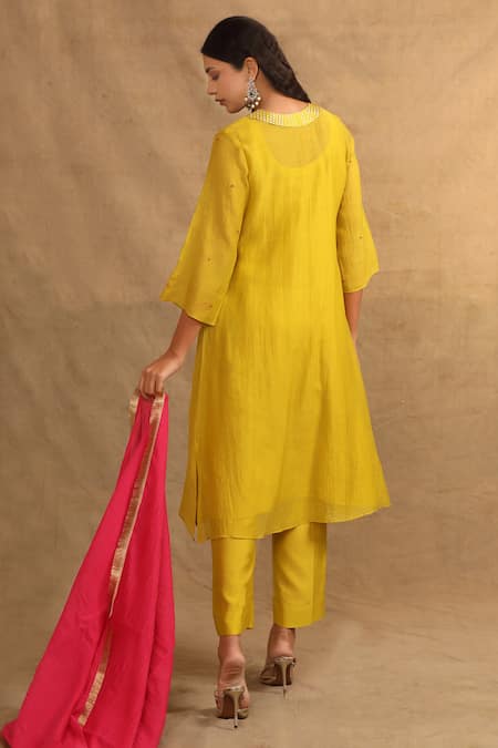 Shop Trendy Tokari Yellow Silk, Tissue, Polyester, Chanderi Embroidery, Beads Resham Work Kurta Set at Aza Fashions Shop_Trendy Tokari_Yellow Silk, Tissue, Polyester, Chanderi Embroidery, Beads Resham Work Kurta Set _at_Aza_Fashions