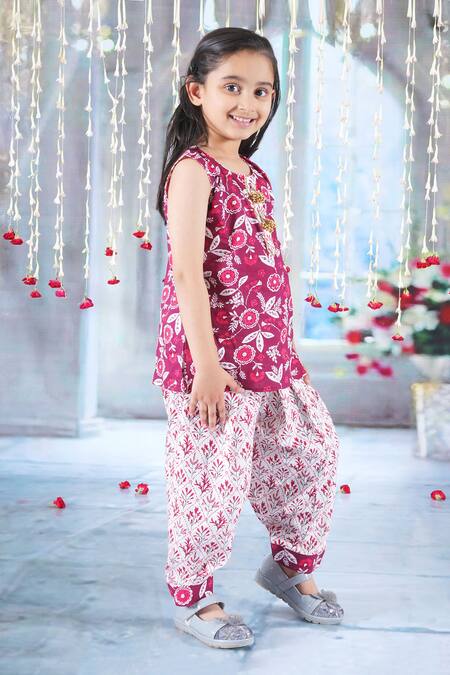 Little Bansi_Maroon Cotton, Georgette Tassels, Lace, Phool Print Embellished Kurta Set _Online_at_Aza_Fashions