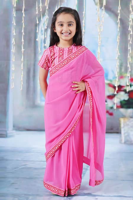 Little Bansi Pink Cotton Print Geometric Border Pre-draped Saree With Blouse 
