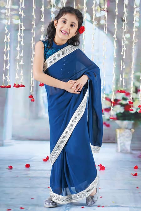 Buy_Little Bansi_Blue Cotton, Georgette Sequins, Jaal Border Pre-draped Saree With Blouse _Online_at_Aza_Fashions