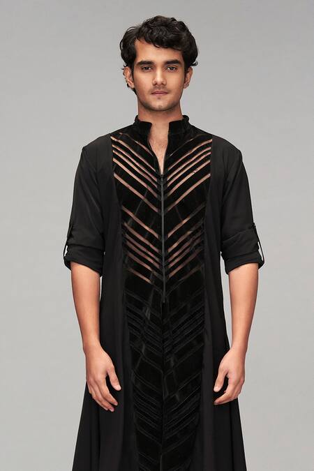 Siddartha Tytler_Black Crepe Embroidery Mesh Broad Placket Kurta With Pant _Online_at_Aza_Fashions